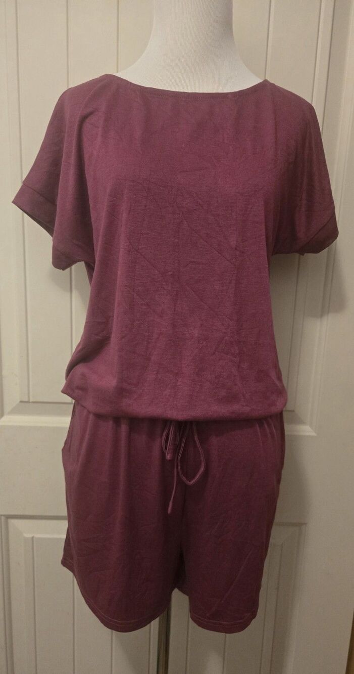 Burgundy Short Sleeve Romper Size M Boat Neck Jersey Drawstring Casual Pocket...